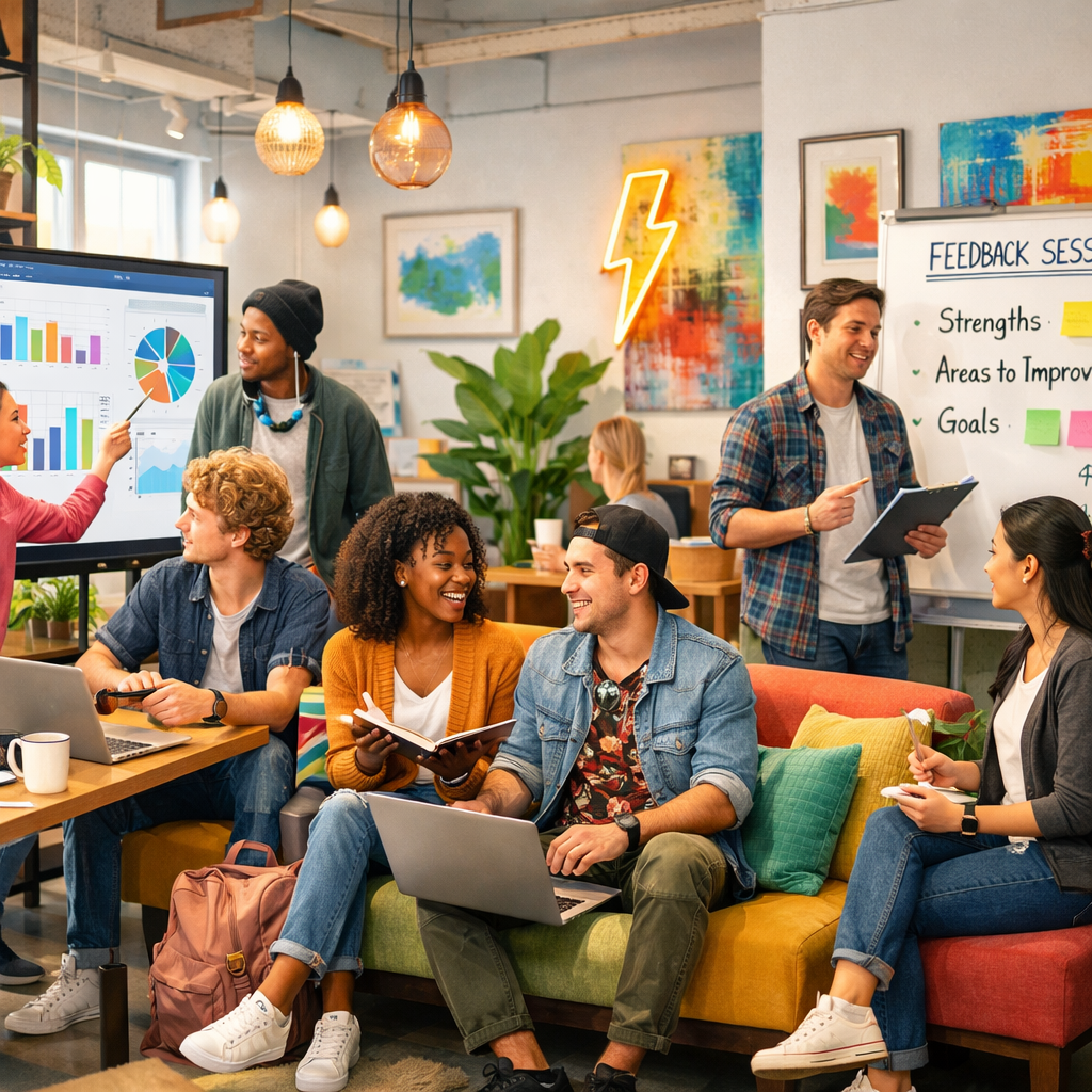 A diverse group of Gen Z professionals in a modern workplace, blending physical and digital environments, soft natural lighting, confident expressions, subtle tension between engagement and burnout, screens with collaboration tools, contemporary office with flexible workspaces, cinematic depth of field, editorial style, high realism, brand-neutral tones with slight blue accents